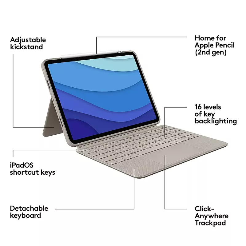 Logitech - Combo Touch iPad Pro Keyboard Folio for Apple iPad Pro 11" (1st, 2nd, 3rd & 4th Gen) with Detachable Backlit Keyboard - Sand