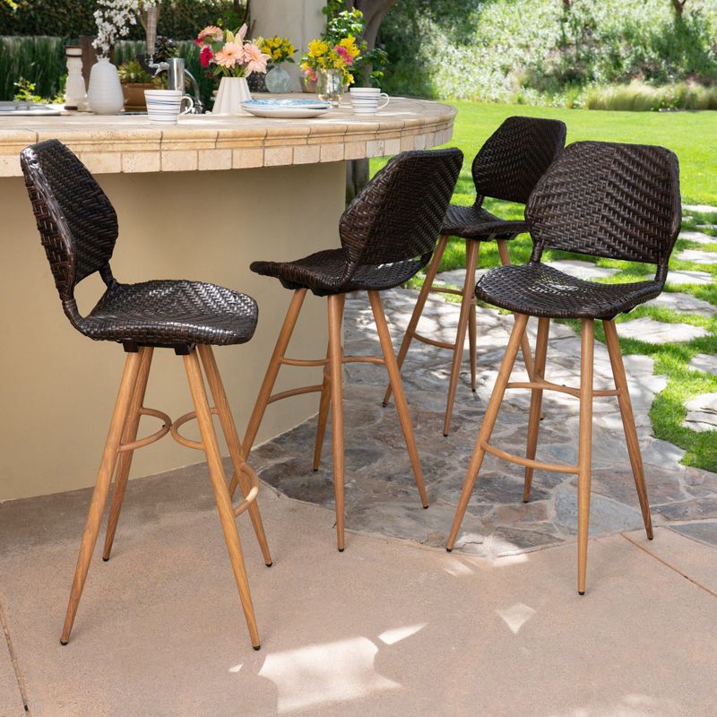 Laryn Outdoor Wicker Wood Barstool (Set of 4) by Christopher Knight Home - Brown