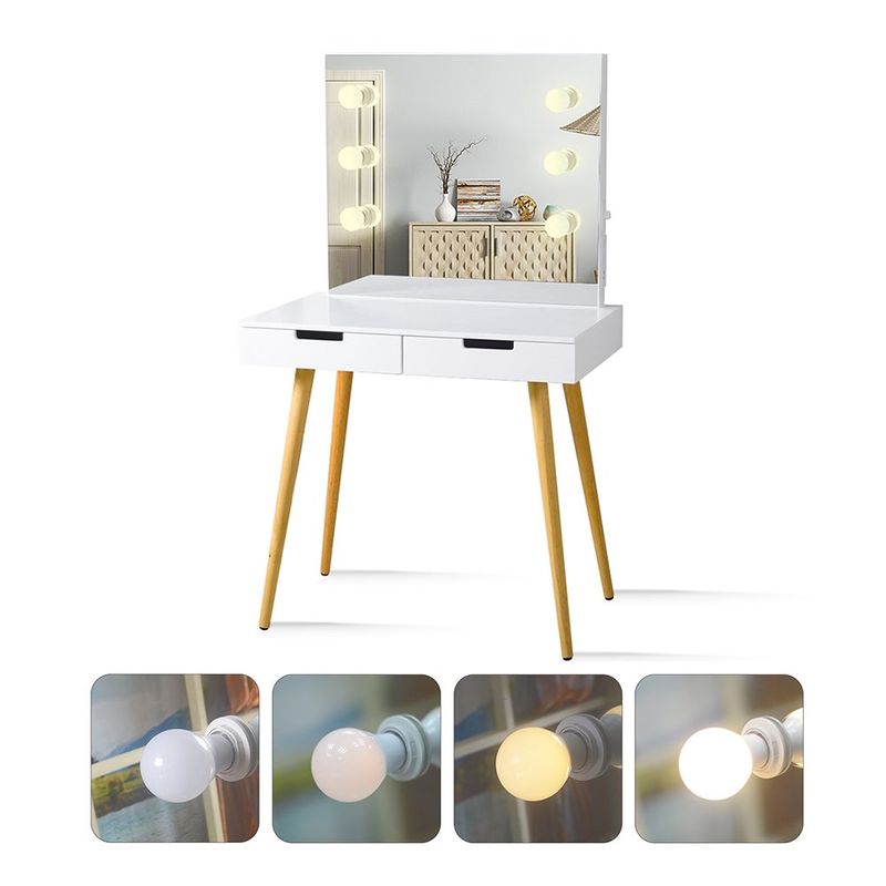 Wooden Dressing Table with LED Lights, Makeup Table with 2 Drawers - White