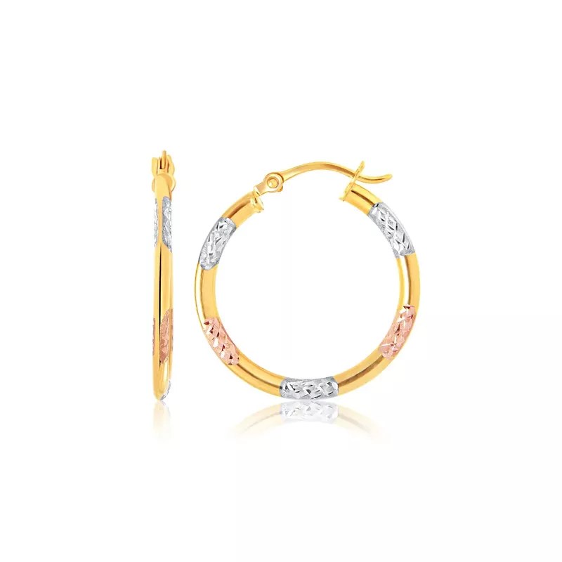 14k Tri Color Gold Classic Hoop Earrings with Diamond Cut Details