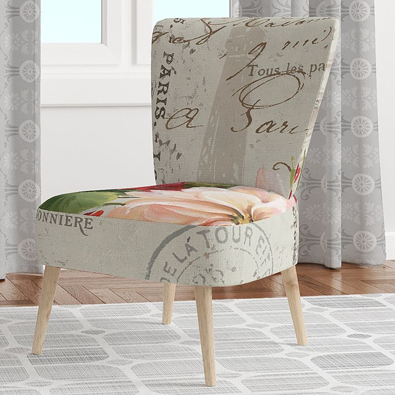 Designart 'Red Painted Flowers On VIntage Postcard II' Upholstered Farmhouse Accent Chair - Slipper Chair