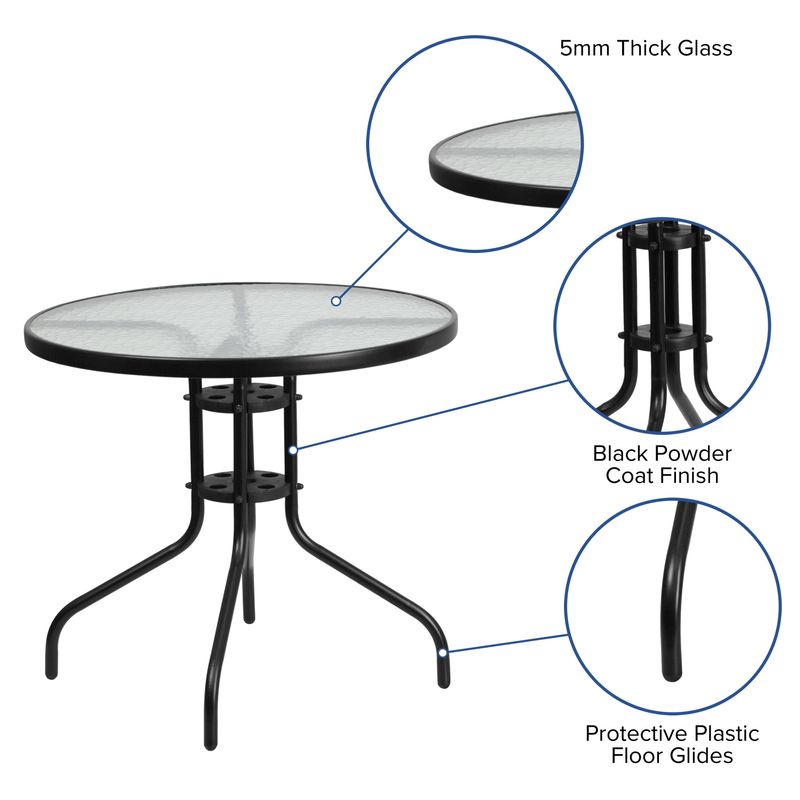 31.5" Round Tempered Glass Metal Table with Smooth Ripple Design Top - 31.5"W x 31.5"D x 28"H - Clear/Black