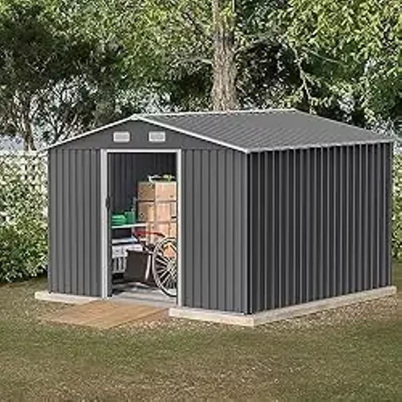 ACQCA 10X8 FT Outdoor Storage Shed with Sliding Doors and Padlock,All Weather Use Sheds w/Metal Foundation,Lockable Door & Ventilation Vents,for Garden,Tool,Patio,Backyard,Lawn,Grey