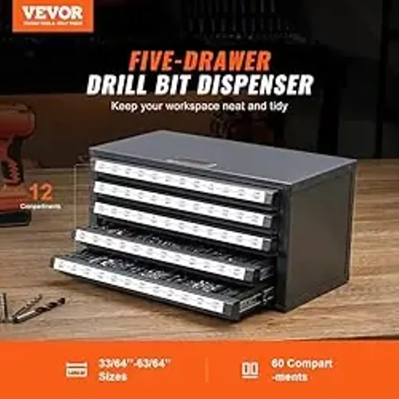 VEVOR Drill Bit Dispenser Cabinet, Five-Drawer Drill Bit Organizer Cabinet for 33/64" to 63/64" Steel Drill Dispenser Organizer Cabinet with Labels, Stackable Drill Dispenser for Drill Bit Storage