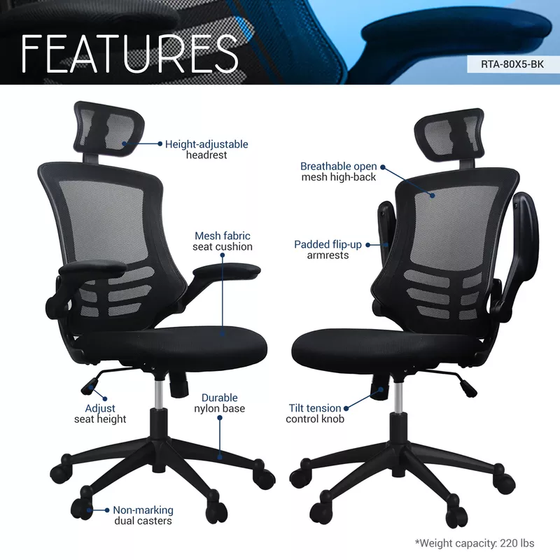 Modern High-Back Mesh Executive Office Chair with Headrest and Flip-Up Arms, Black