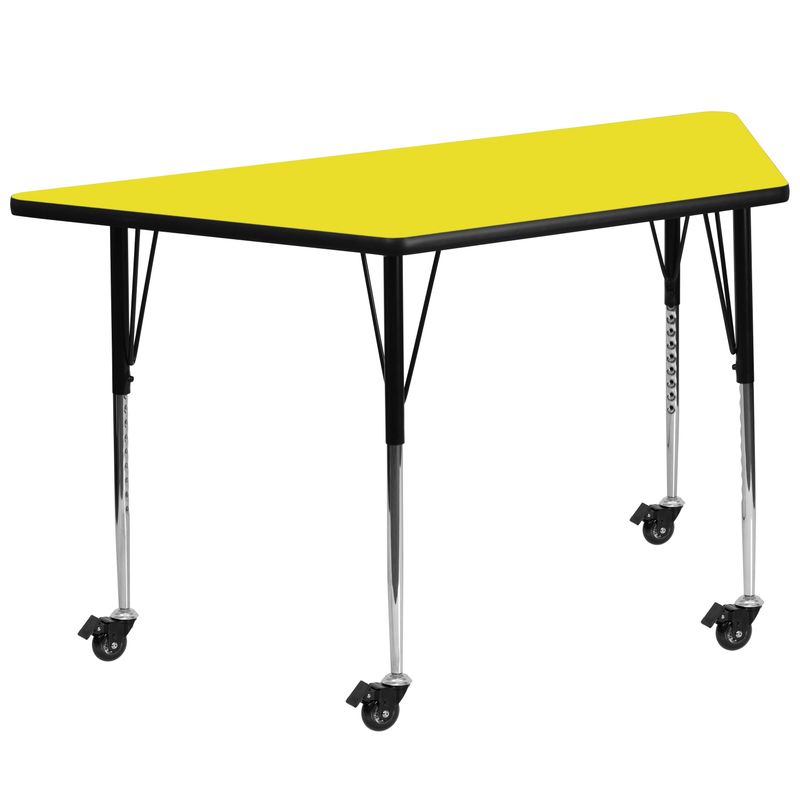 Mobile 22.5''W x 45''L Trapezoid HP Laminate Activity Table - Adjustable Legs - Oak