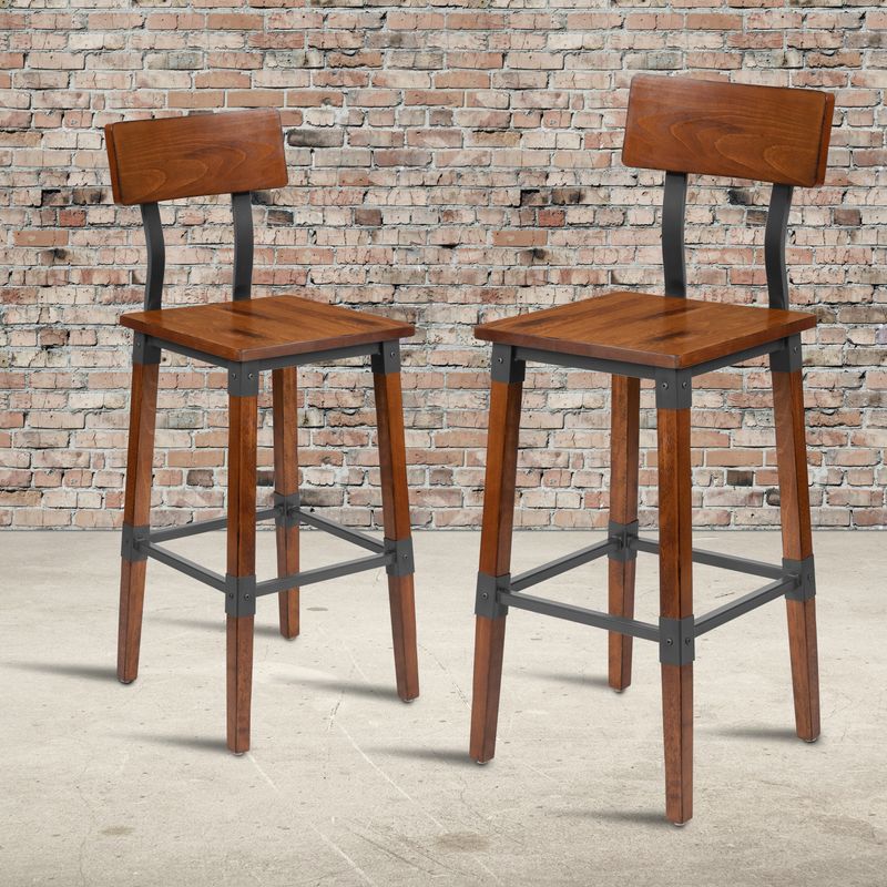 2 Pack Commercial Grade Rustic Industrial Style Wood Dining Barstool - Walnut
