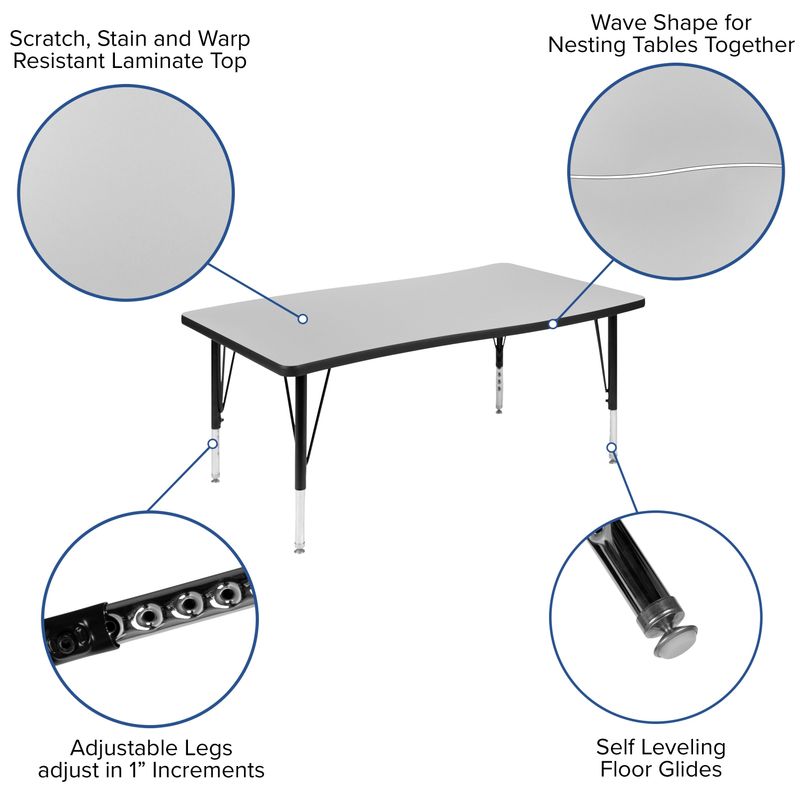 3 Piece 76" Oval Wave Collaborative Grey Kids Adjustable Activity Table Set - Oak