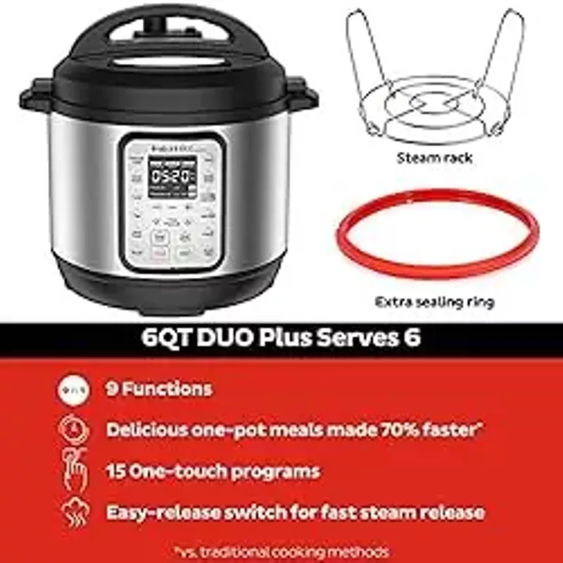 Instant Pot Duo Plus 9-in-1 Electric Pressure Cooker, Slow Cooker, Rice Cooker, Steamer, Sauté, Yogurt Maker, Warmer & Sterilizer, Includes App With Over 800 Recipes, Stainless Steel, 6 Quart