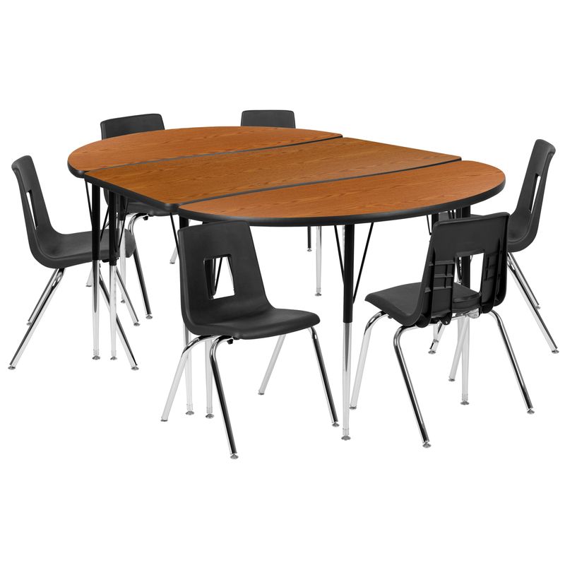 76" Oval Wave Collaborative Laminate Activity Table Set with 18" Student Stack Chairs, Grey/Black - Grey