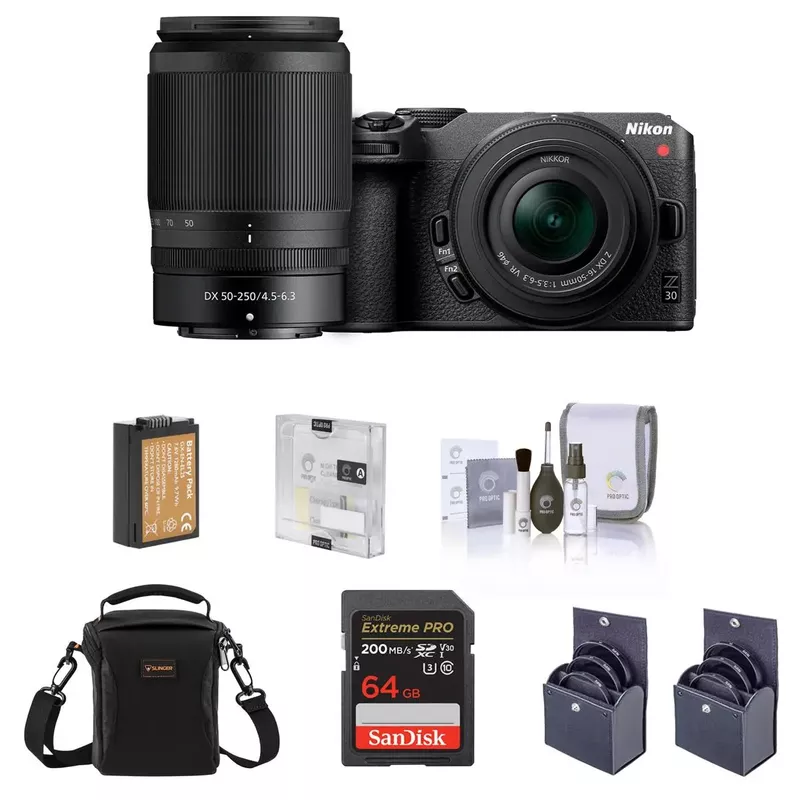 Nikon Z 30 Mirrorless Camera with 16-50mm & 50-250mm Lens, Bundle with 64GB SD Memory Card, Bag, Battery, Screen Protector, 62mm and 46mm UV, CPL and ND Filters, Cleaning Kit