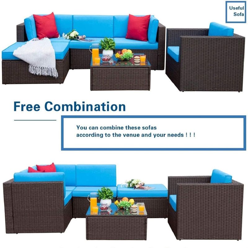 6 Pieces Patio Furniture Set Outdoor Sectional Sofa Conversation Set - Beige/Brown