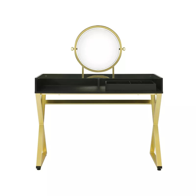 ACME Coleen Vanity Desk w/Mirror & Jewelry Tray, Black & Gold Finish