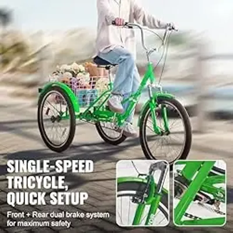 VEVOR Folding Adult Tricycle, 20-Inch Adult Folding Trikes, Carbon Steel 3 Wheel Cruiser Bike with Large Basket & Adjustable Seat, Shopping Picnic Foldable Tricycles for Women, Men, Seniors (Green)