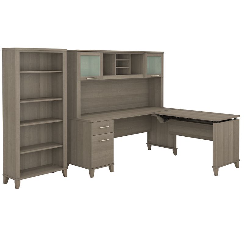 Somerset 72W Sit to Stand L-Desk with Hutch and Bookcase in Ash Gray - Maple Cross