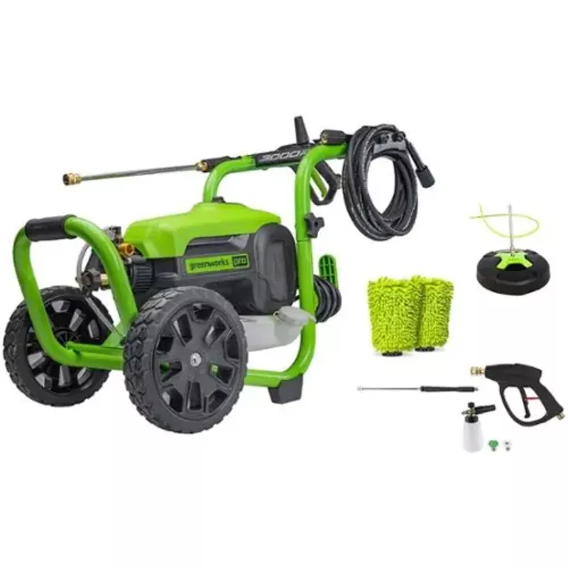 Greenworks - Electric Pressure Washer up to 3000 PSI at 2.0 GPM Combo Kit with short gun, mitts, and 15" surface cleaner - Green