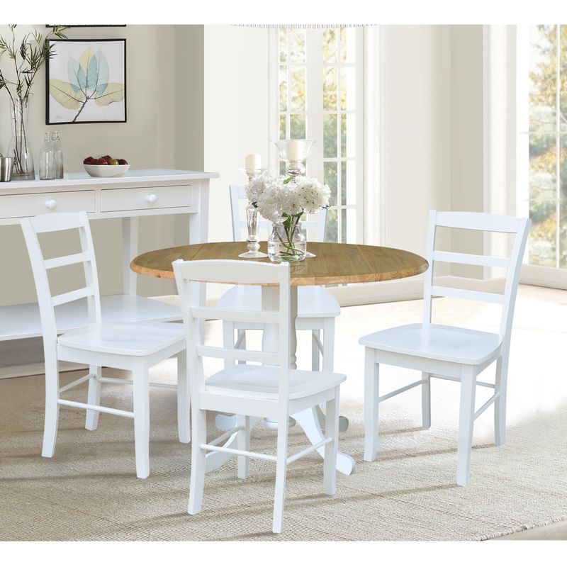 42 in. Drop Leaf Table with 4  Ladder Back Dining Chairs - 5 Piece Set - 42 in. W x 42 in. D x 29.5 in. H - White/natural