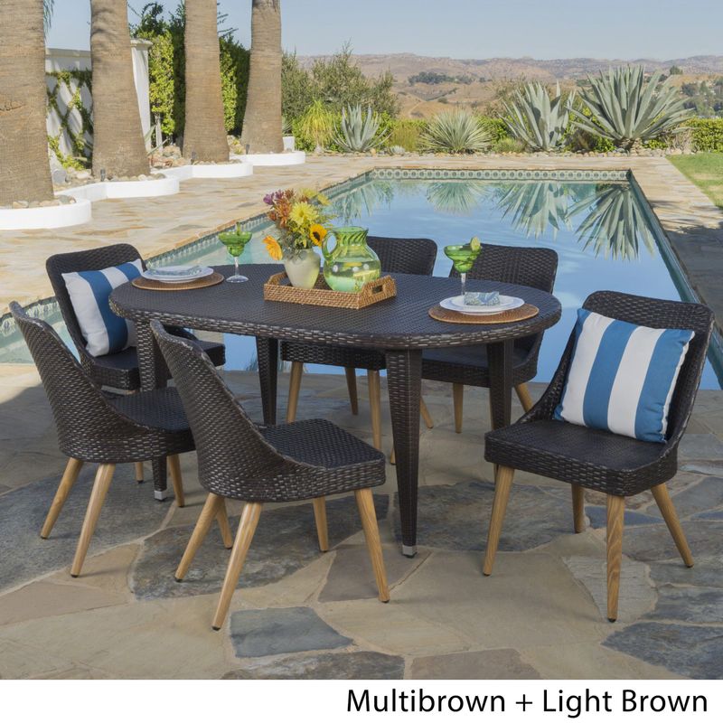 Bentley Outdoor 7-piece Oval Wicker Wood Dining Set by Christopher Knight Home - Multibrown + Light Brown