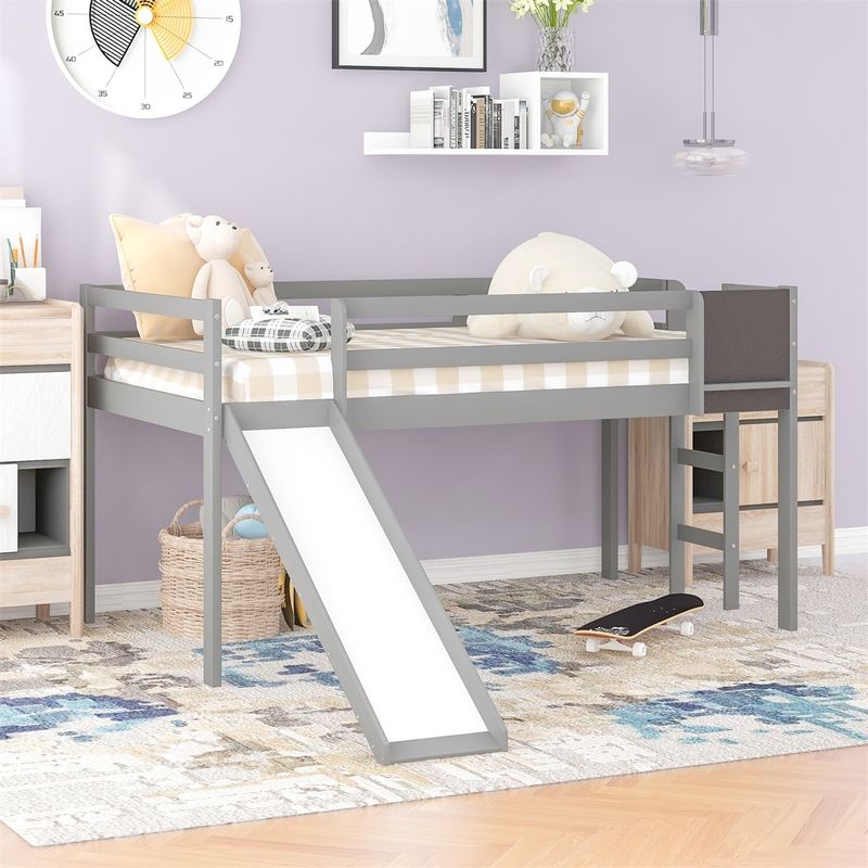 Merax Wood Loft Bed with Slide, Stair and Chalkboard - Grey - Twin