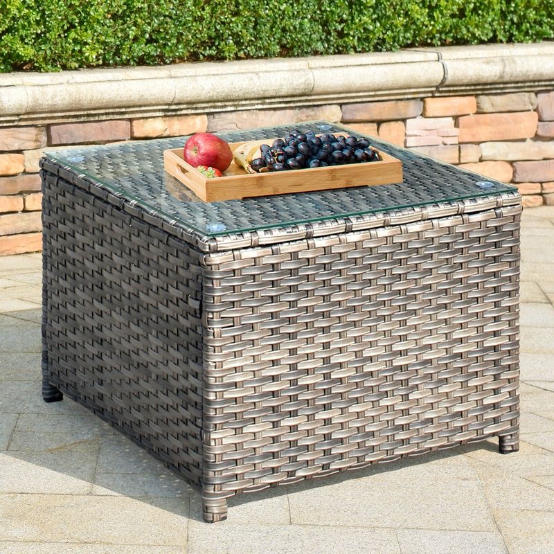 OVIOS Patio Outdoor Wicker Coffee Table with Glass Top - Grey