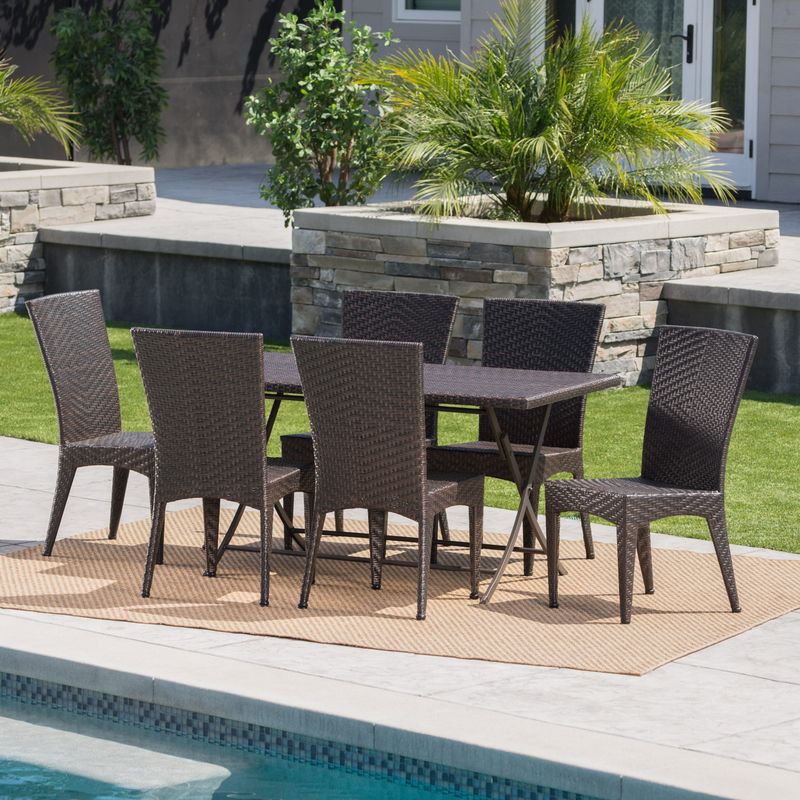 Astra Outdoor 7-Piece Rectangle Foldable Wicker Dining Set with Umbrella Hole by Christopher Knight Home - Multibrown