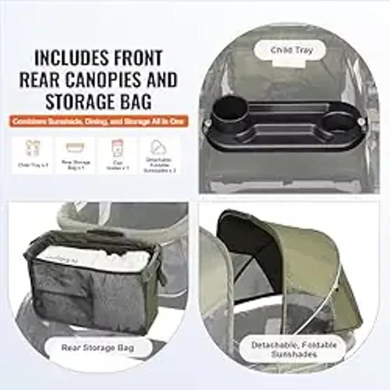 VEVOR All-Terrain Stroller Wagon, 2 Seats Foldable Expedition 2-in-1 Collapsible Wagon Stroller, includes Canopy, Parent Organizer, Snack Tray & Cup Holders, 55lbs for Single Seat, Olive Green