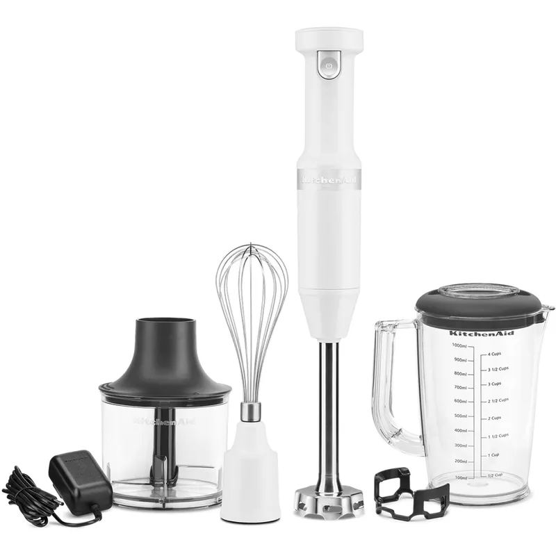 KitchenAid Cordless Variable Speed Hand Blender with Chopper and Whisk Attachment in White
