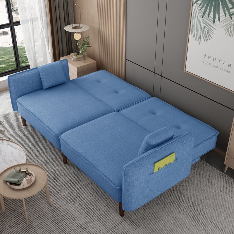 Convertible Futon Sofa Bed with Solid Wood Legs in Cotton Linen Fabric - Blue