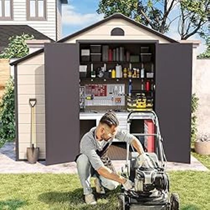 Outdoor Storage Shed 8.5x6.3 ft, Resin Storage Shed & Firewood Rack, Patio Storage Sheds Outdoor with Floor, Lockable Door, Airflow Vent,...