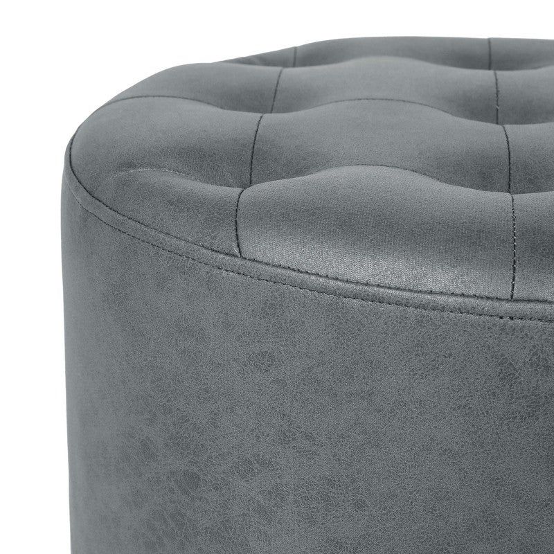 Adeco Round Footrest Ottoman Upholstered Tufted Faux Leather Footstools - Grey