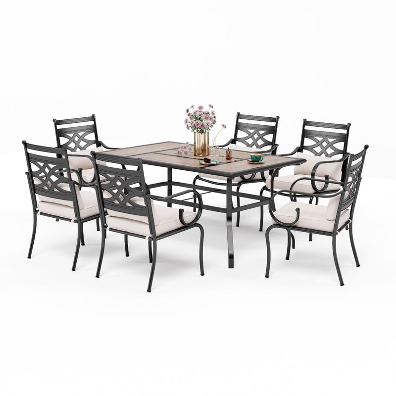 7-Piece Outdoor Dining Set Geometric Rectangle Table & Elegant Cast Iron Pattern Dining Chairs - 7-Piece Sets