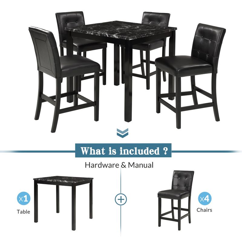 Nestfair 5-Piece Faux Marble Top Counter Height Dining Table Set with 4 PU Leather-Upholstered Chairs - Black