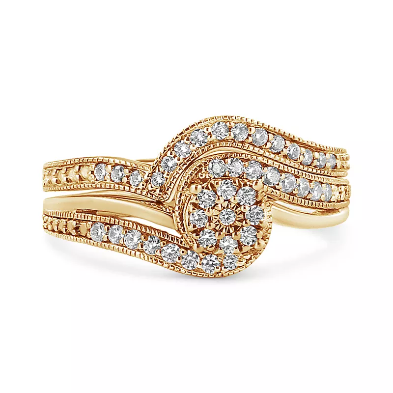 14K Yellow Gold Plated .925 Sterling Silver 1/3ct Cttw Multi-Diamond Bypass Vintage-Style Bridal Set Ring and Band (I-J Color, I3 Clarity) - Size 9