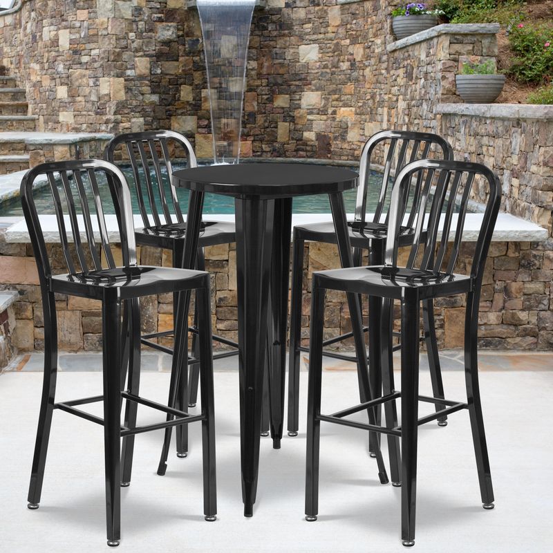 24'' Round Metal Indoor-Outdoor Bar Table Set with 4 Vertical Slat Back Stools - Yellow
