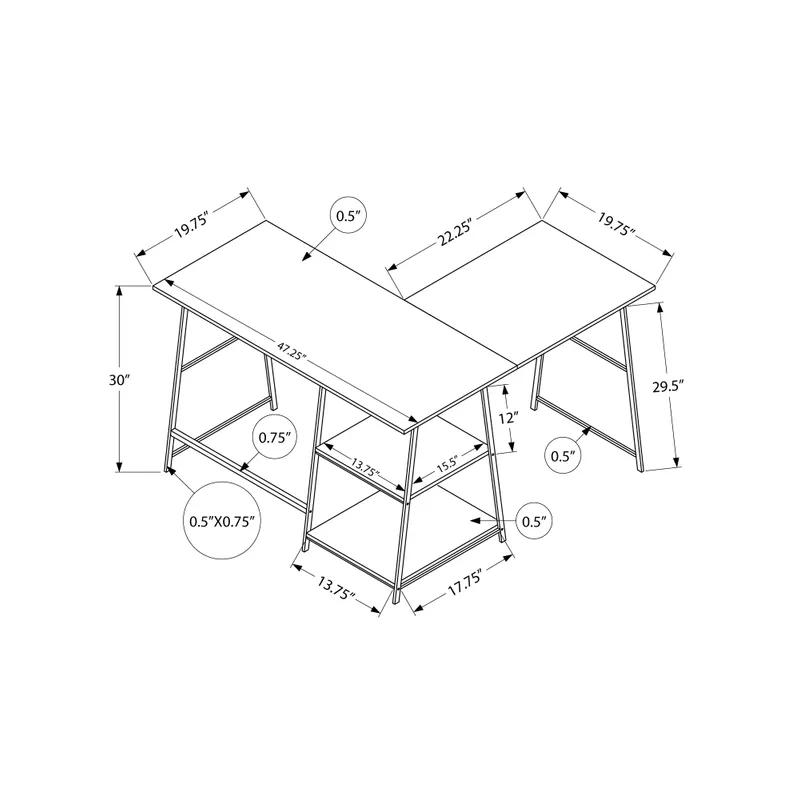 Computer Desk/ Home Office/ Corner/ Storage Shelves/ 48"L/ L Shape/ Work/ Laptop/ Metal/ Laminate/ Black Marble Look/ Contemporary/ Modern