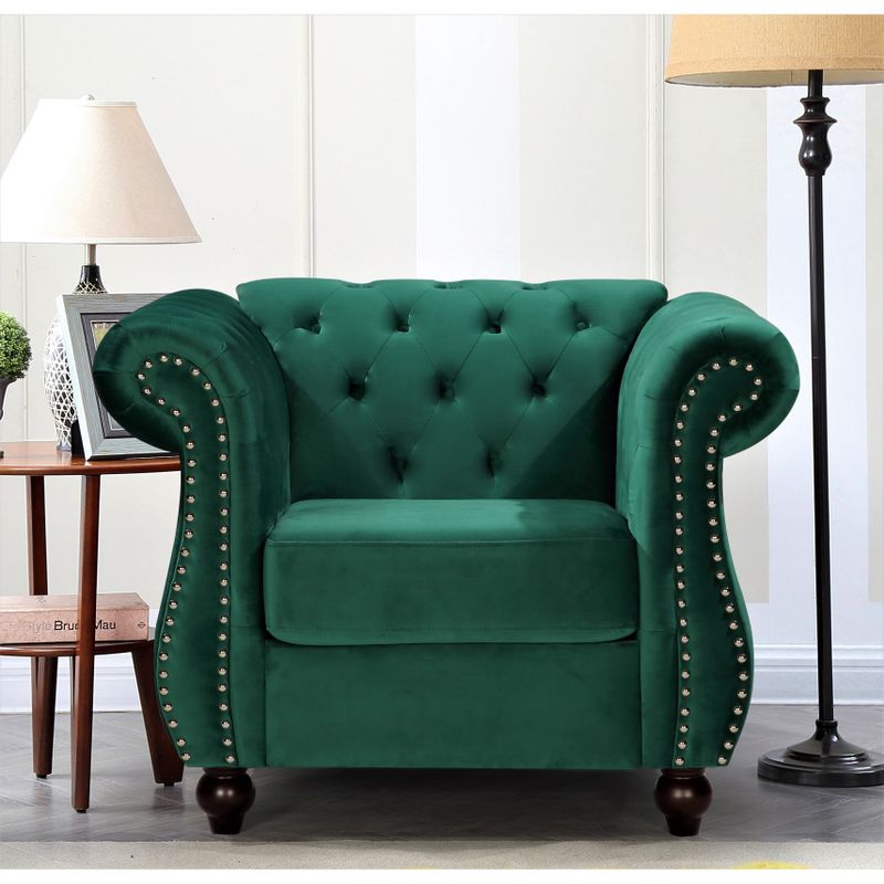 Kemos Velvet Chesterfield 2-Piece Set-Chair and Sofa - Green