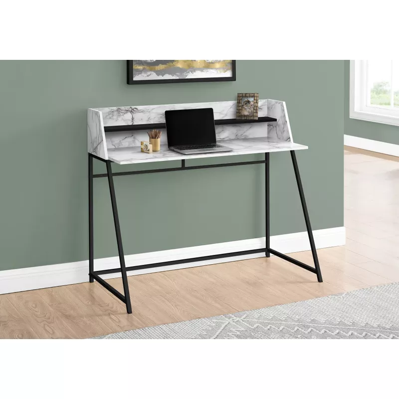 Computer Desk/ Home Office/ Laptop/ Storage Shelves/ 48"L/ Work/ Metal/ Laminate/ White Marble Look/ Black/ Contemporary/ Modern