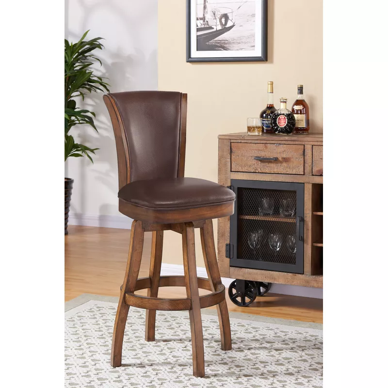 Raleigh 26" Counter Height Swivel Wood Bar Stool in Chestnut Finish and Kahlua Faux Leather