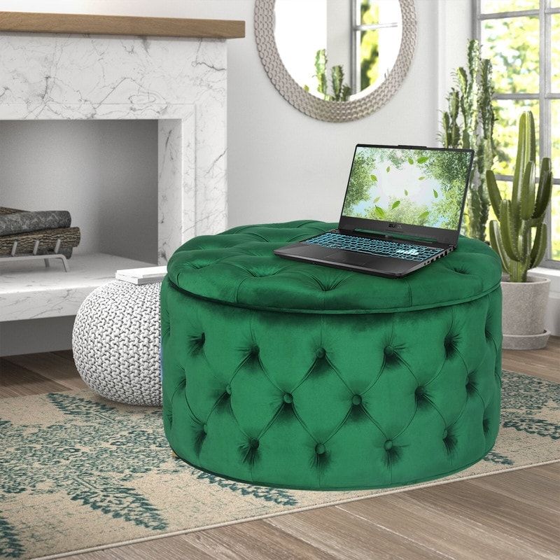 Adeco Velvet Round Storage Ottoman Button Tufted Footrest Stool Bench - Green