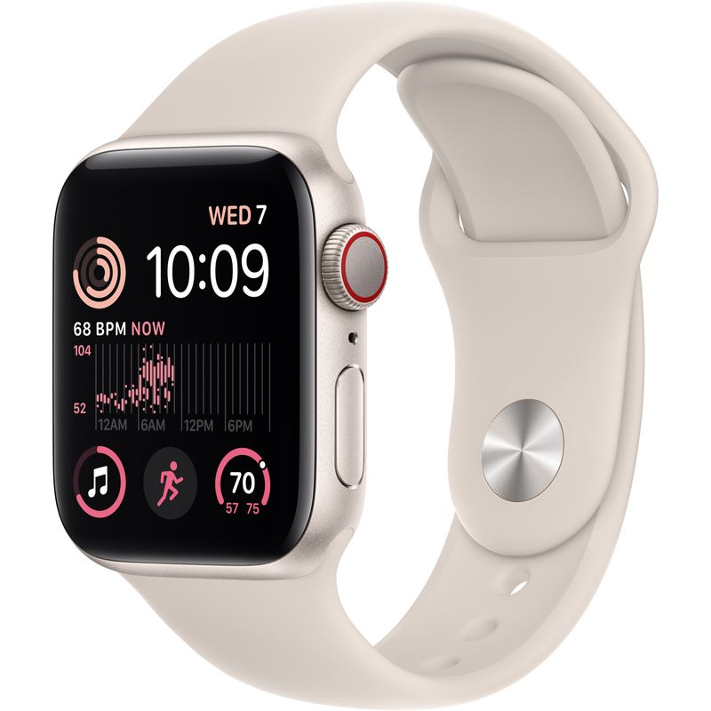 Front Zoom. Apple Watch SE 2nd Generation (GPS + Cellular) 40mm Aluminum Case with Starlight Sport Band - S/M - Starlight