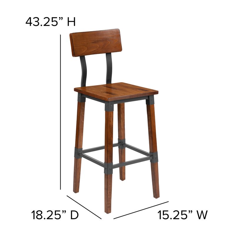 2 Pack Commercial Grade Rustic Industrial Style Wood Dining Barstool - Walnut