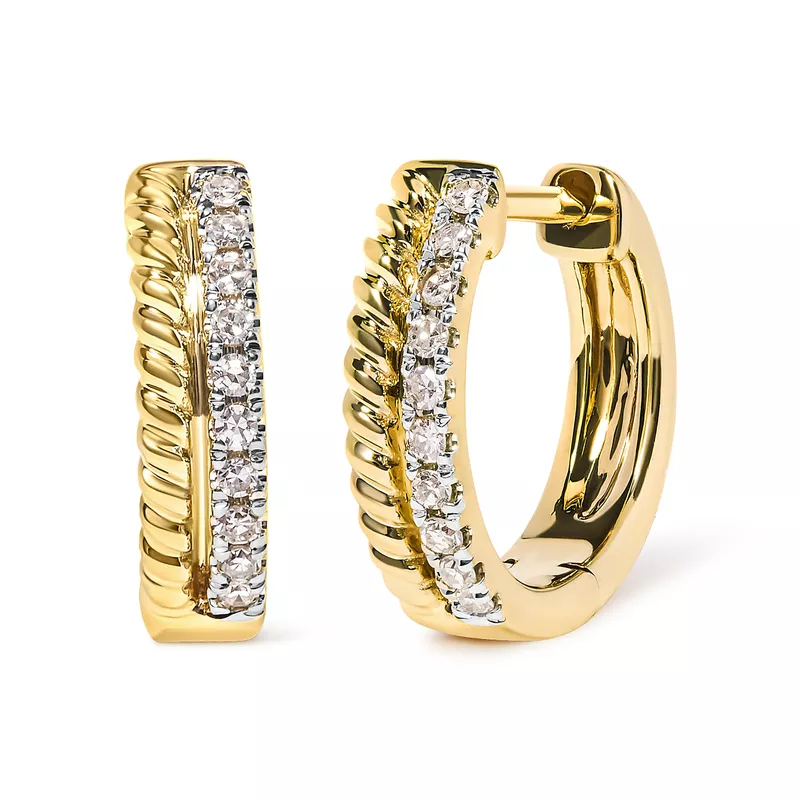 10K Yellow Gold 1/10 Cttw Diamond and Rope Twist Huggy Hoop Earrings (H-I Color, I1-I2 Clarity)