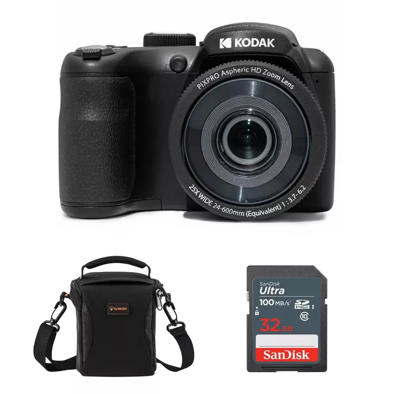 KODAK PIXPRO Astro Zoom AZ255 16MP Full HD Digital Camera, Black, Bundle with Shoulder Bag and 32GB Memory Card