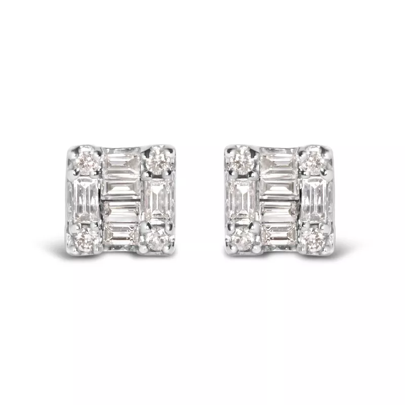 10K White Gold 1/7 Cttw Round and Baguette Diamond Mosaic Square Stud Earrings (H-I Color, I1-I2 Clarity)