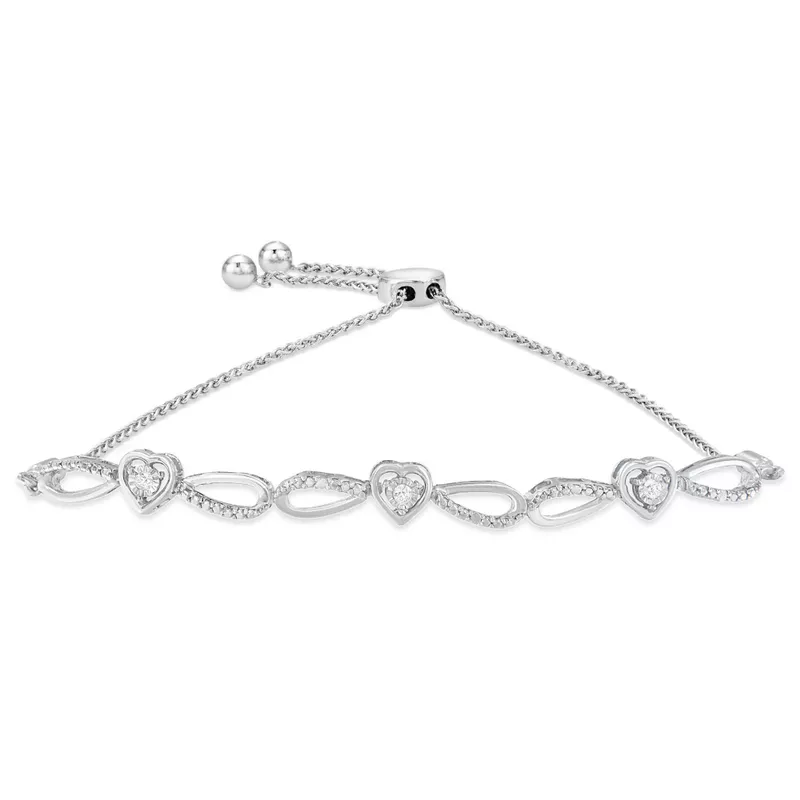 .925 Sterling Silver Diamond Accent Heart and Infinity 4”-10” Adjustable Bolo Bracelet (I-J Color, I3 Clarity)