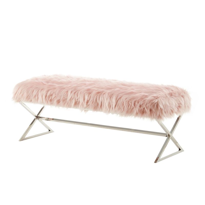 Della Entryway Faux Fur Bench with Gold or Chrome  X-Legs - rose/ chrome