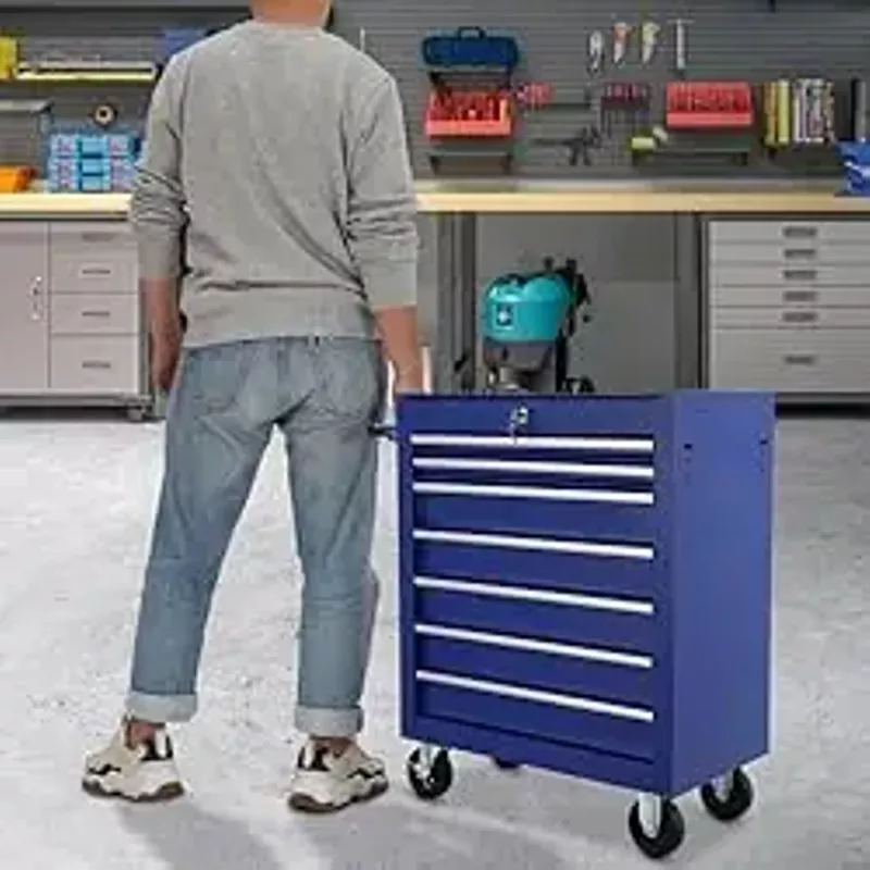 Tool Cart With Drawers,7 Drawers Locking Rolling Tool Chest with Wheels,Mechanic Tool Cabinets for Garage,Large Blue Tool Box for Warehouse,Repair Shop