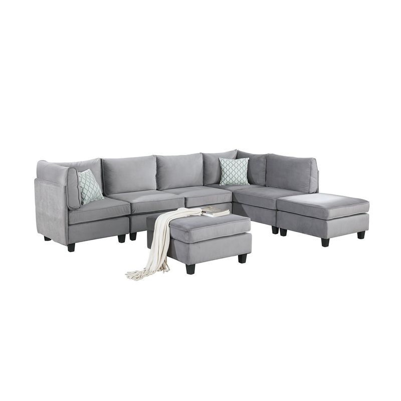 7 Piece Velvet Modular Sectional Sofa with Ottoman, Gray - Gray - Reversible