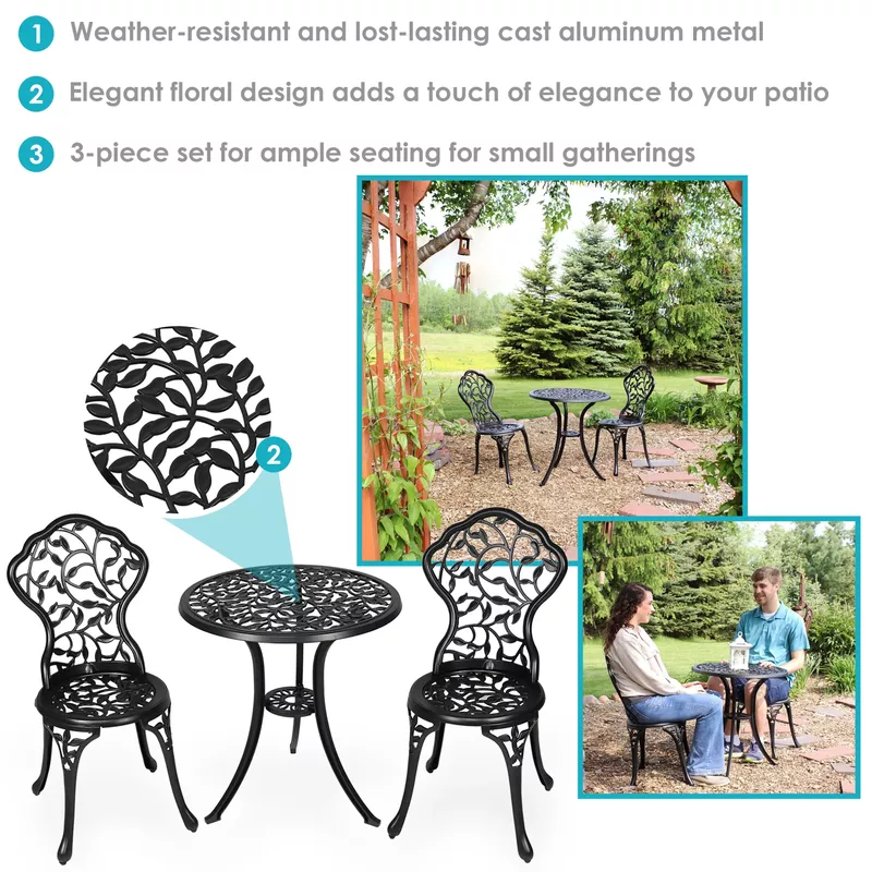Sunnydaze 3-Piece Outdoor Cast Aluminum Patio Garden Furniture Bistro Set -Black - Black, Black
