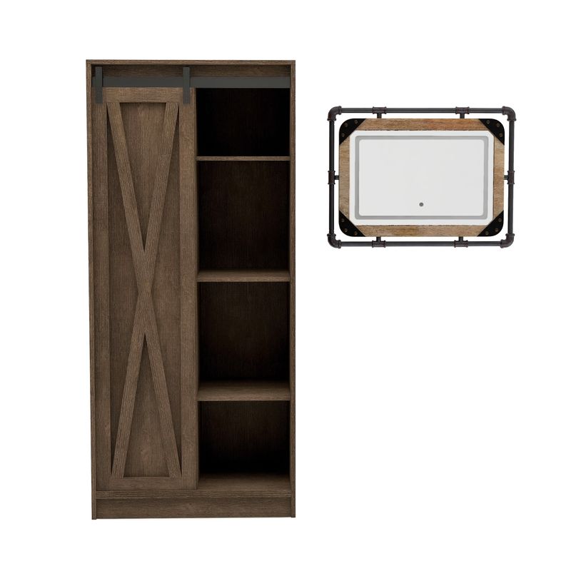 Furniture of America Bowers Rustic Walnut Oak Armoire & LED Mirror Set - Walnut Oak